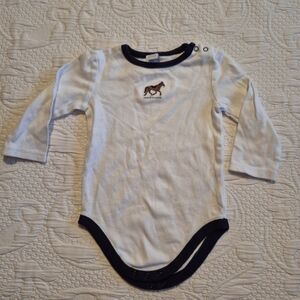 Janie and Jack boys 6-12 months white with blue trim, has stains on front play